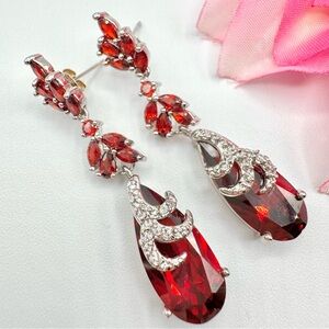 Dramatic Red Cubic Zirconia Silver Tone Metal Long Drop Earrings Bridesmaid Gala